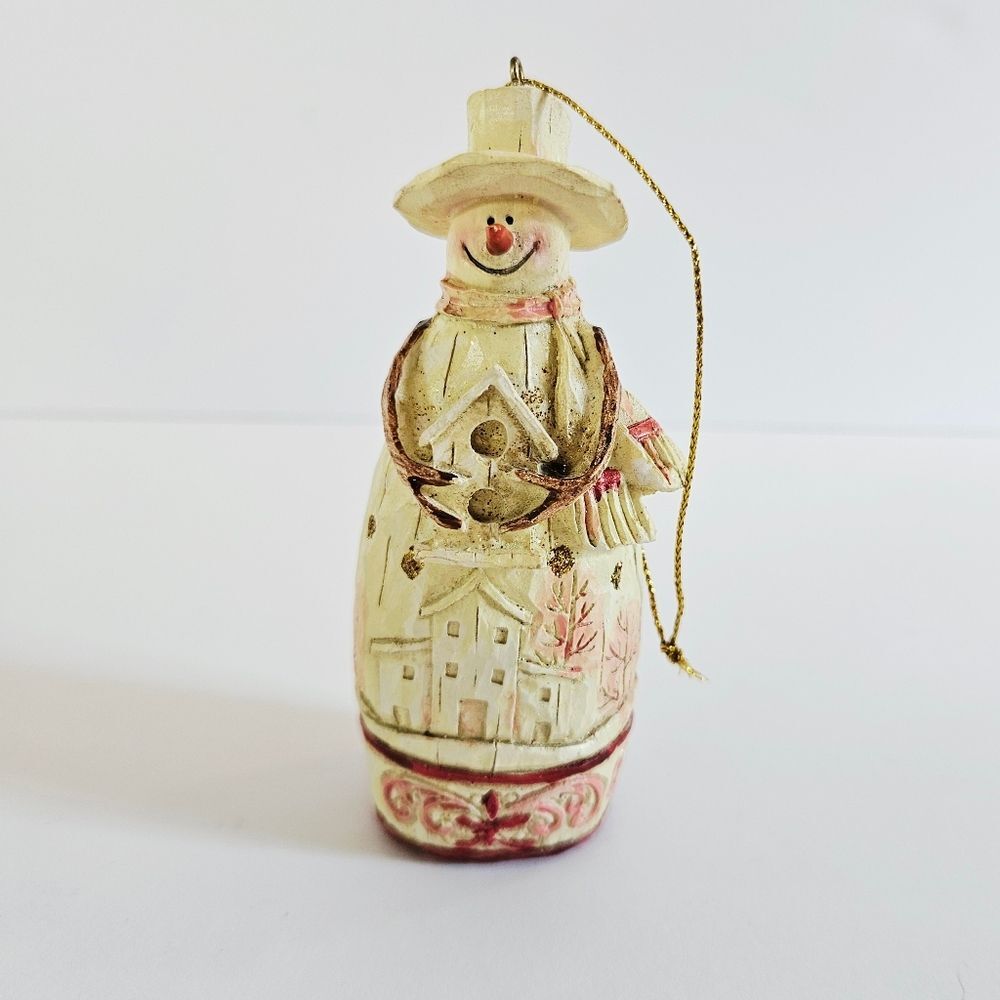 Vintage Carved Resin Whimsical Winter Cheery Snowman Christmas Figurine Ornament